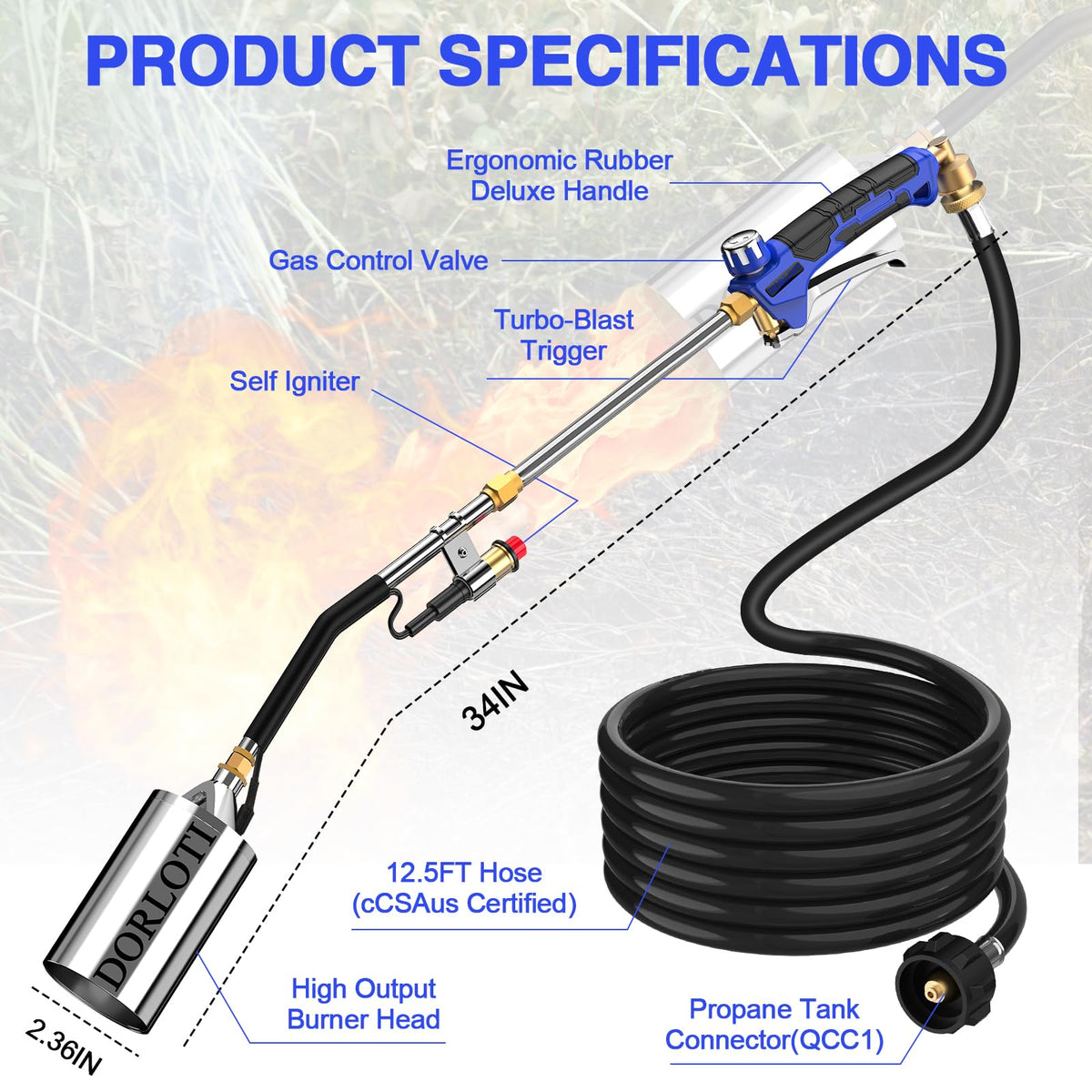 DORLOTI propane torch extended 12.5ft hose for safer, farther reach.