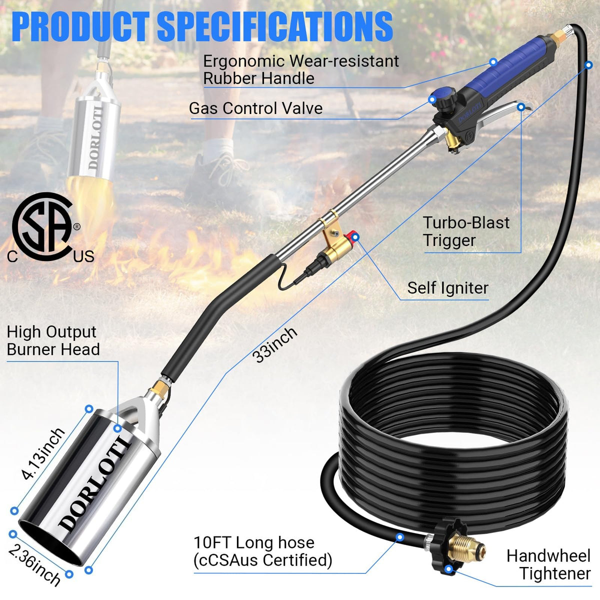 DORLOTI propane torch high-output flame up to 3600°F with efficient nozzle.