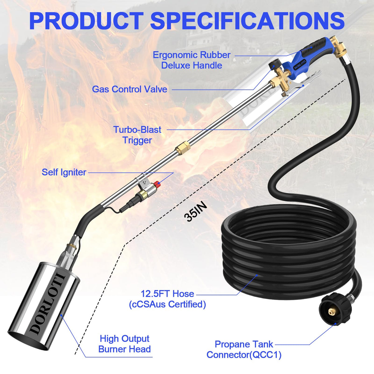 DORLOTI propane torch with 12.5ft hose offering extended reach around obstacles