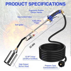 Dorloti propane torch weed burner 12-5ft-hose provides extra reach and safer operation.