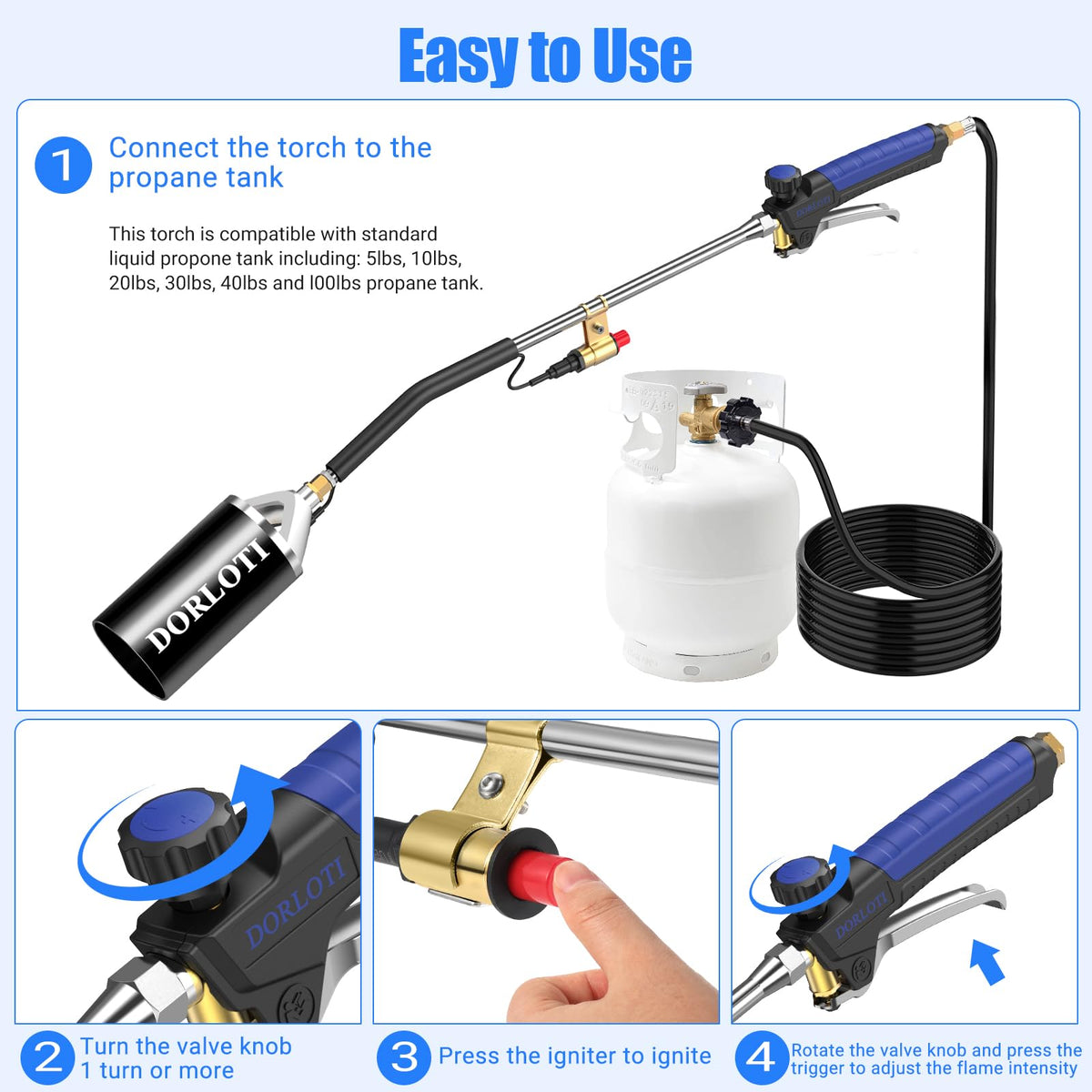 Dorloti torch with 10 foot hose for safer outdoor use