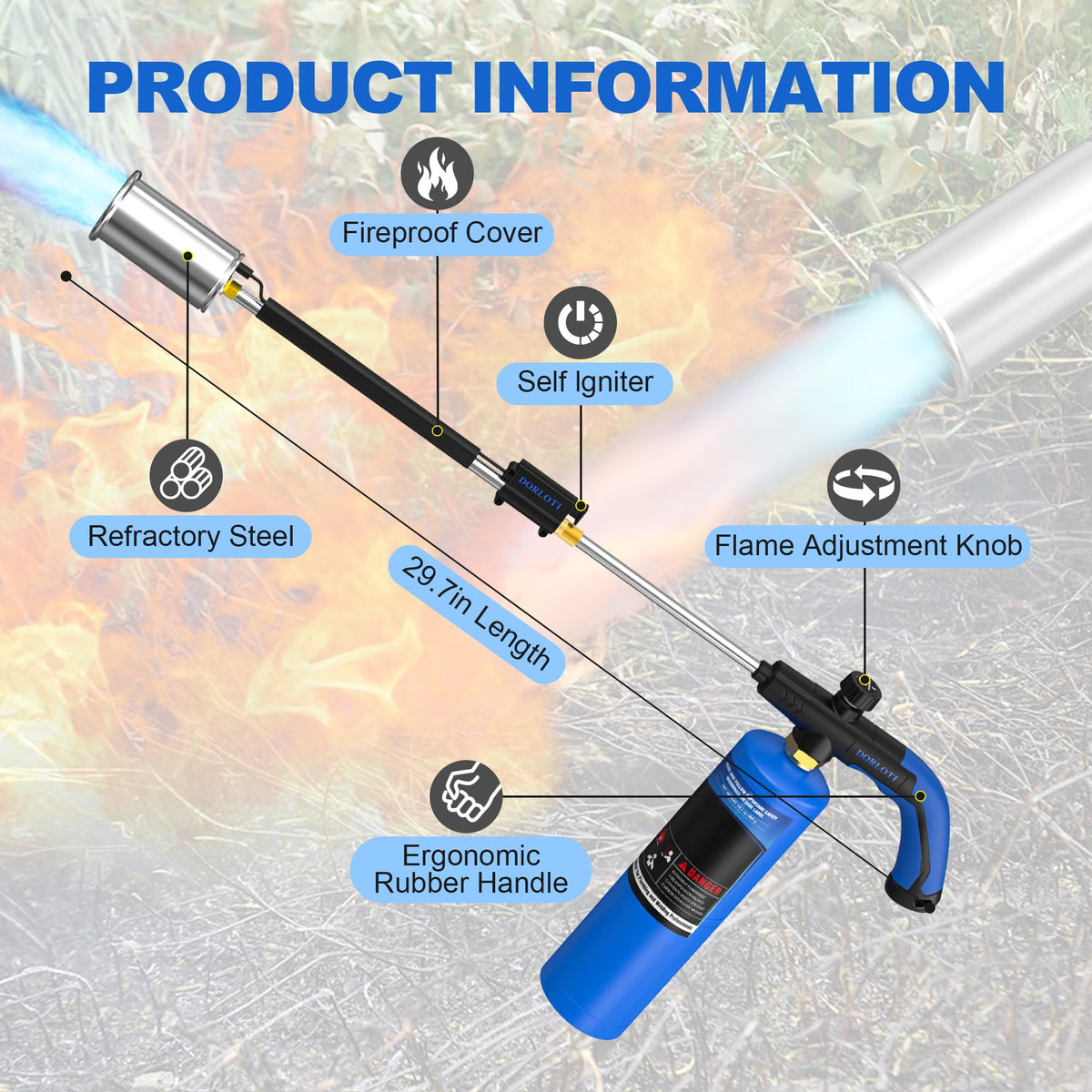 DORLOTI weed torch showing 30 inch extended handle for easy operation