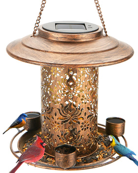 Dosevita solar bird feeder with 3 water cups attracting birds and hydration benefits