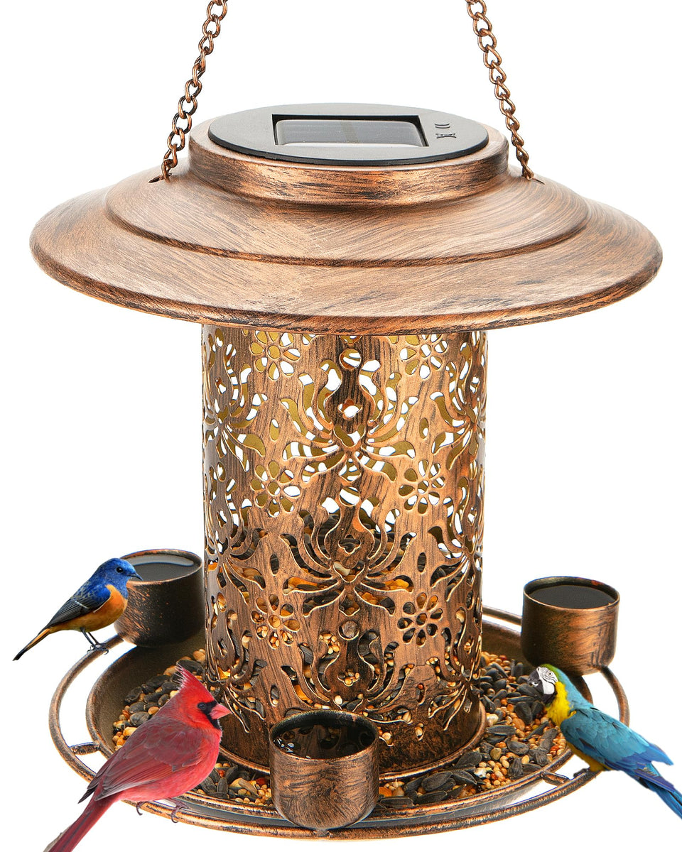 Dosevita solar bird feeder with 3 water cups attracting birds and hydration benefits