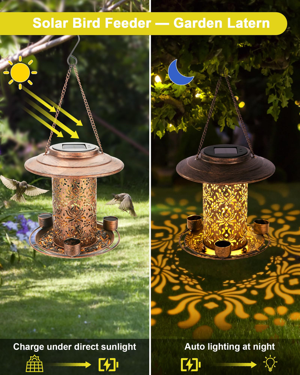 Dosevita solar bird feeder offers 360-degree viewing for birdwatching day and night