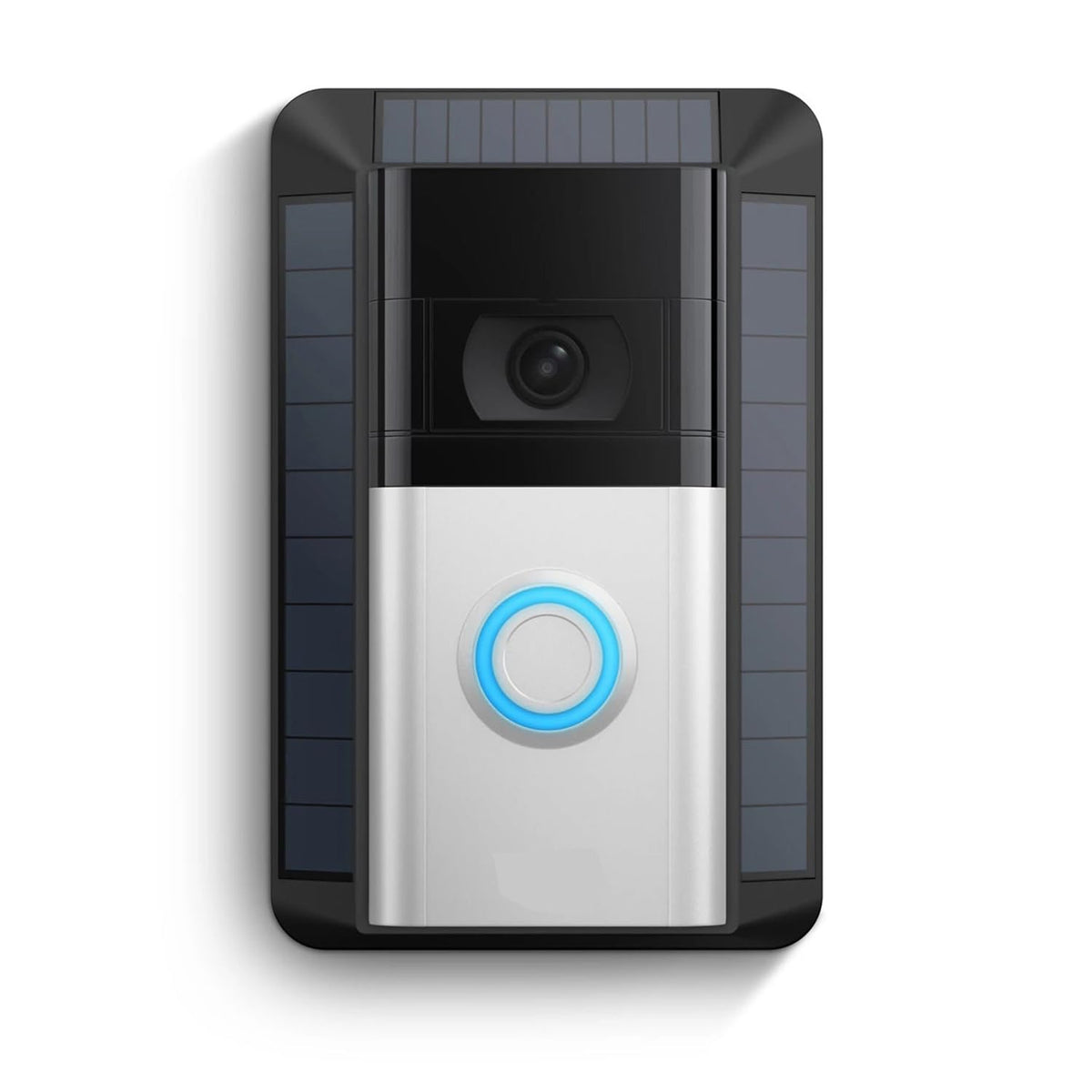 Dosili solar charger panel mounted on wall powering Ring Video Doorbell in sunlight