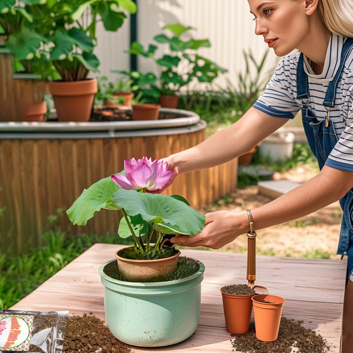 Doter Aquatic Soil near water lilies shows balanced nutrients for healthy blooms.