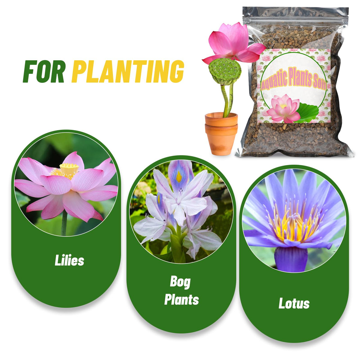 Doter Aquatic Soil in a pond setup with water lilies indicating stable root anchoring.