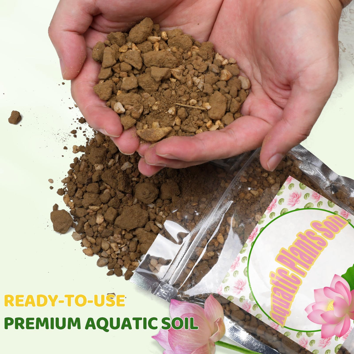 Doter soil texture showing clay blend enhances nutrient balance for water plants.