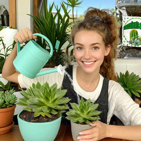 Indoor planting setup with Doter soil shown supporting healthy cactus and succulents.
