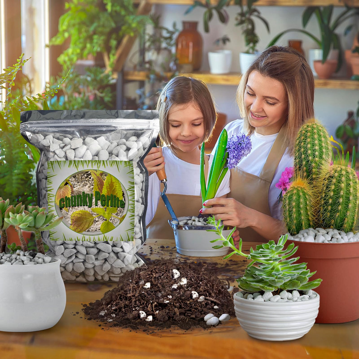 Doter Organic Chunky Perlite with bulbs in airy soil mix.