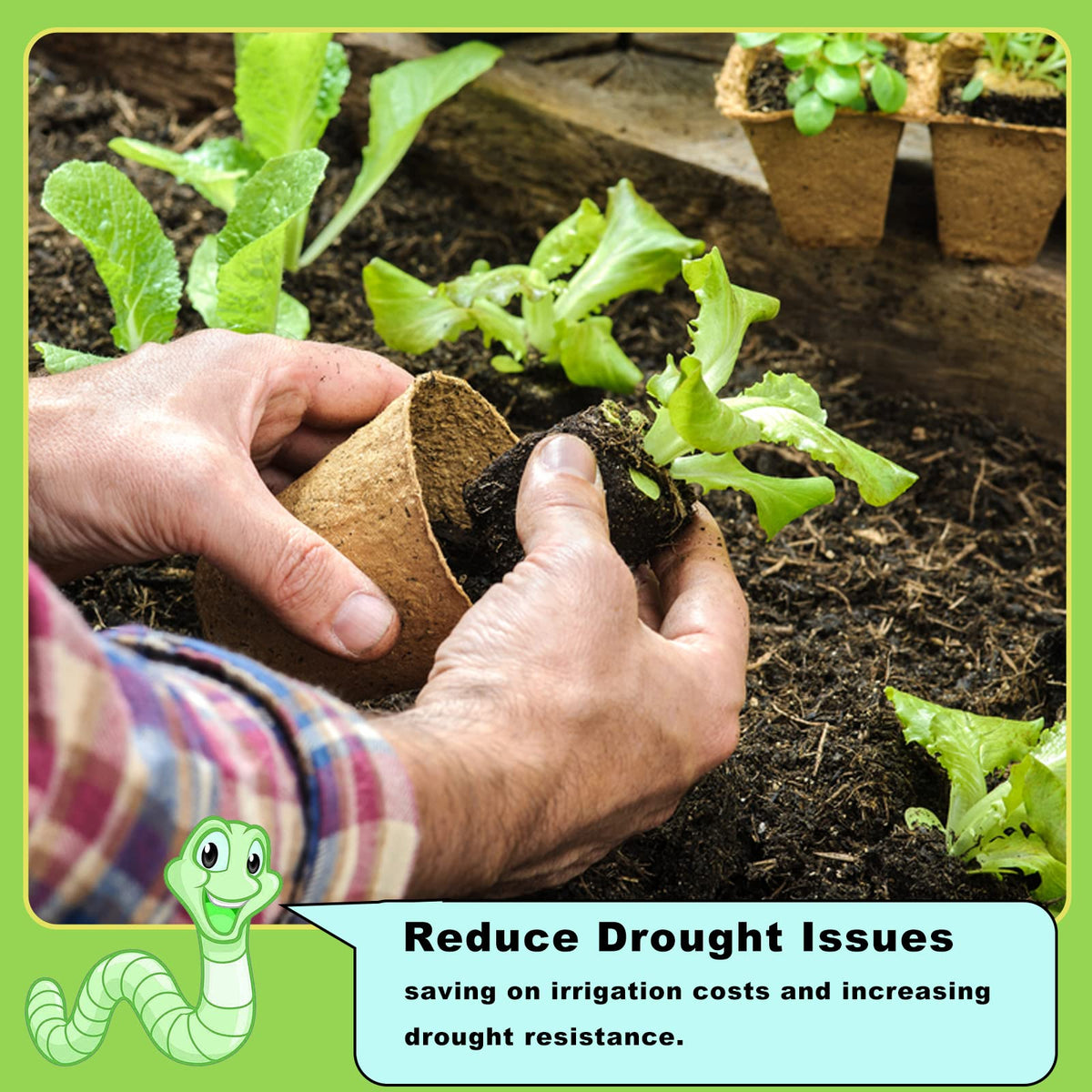 Doter worm castings in soil improving moisture retention in garden bed.