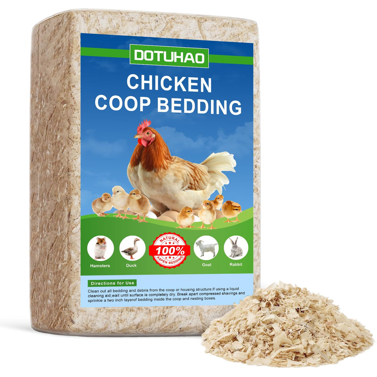 DOTUHAO pine shavings 1lb bag ready for clean, odor-controlled chicken coop bedding.