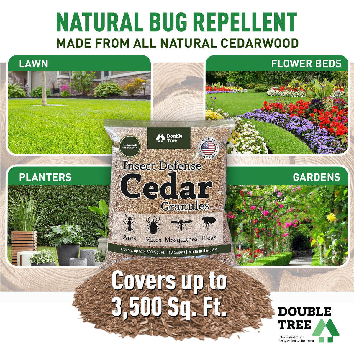 Double Tree Cedar Granules applied to lawn to create a safer perimeter
