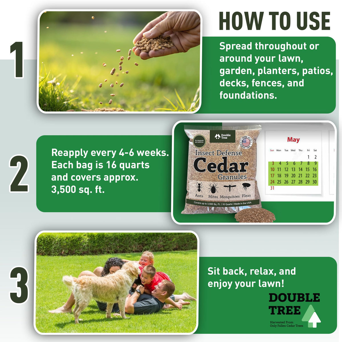 Double Tree Cedar Granules spread along patio edge for perimeter protection