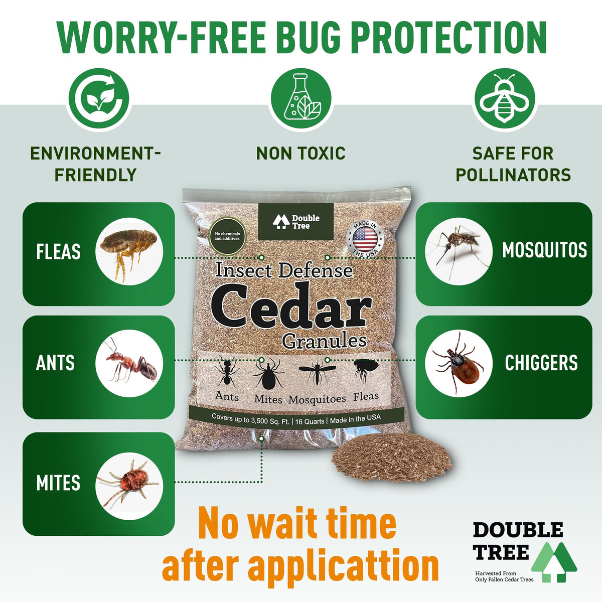Double Tree Cedar Granules shown as pet-safe, family-friendly outdoors solution