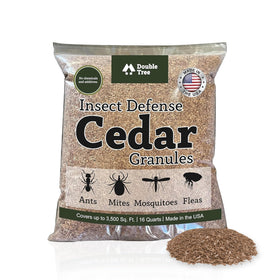 Double Tree Cedar Granules being poured in yard for pest deterrence