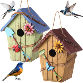 DoubleFill outdoor hanging birdhouse attracts bluebirds in the garden.