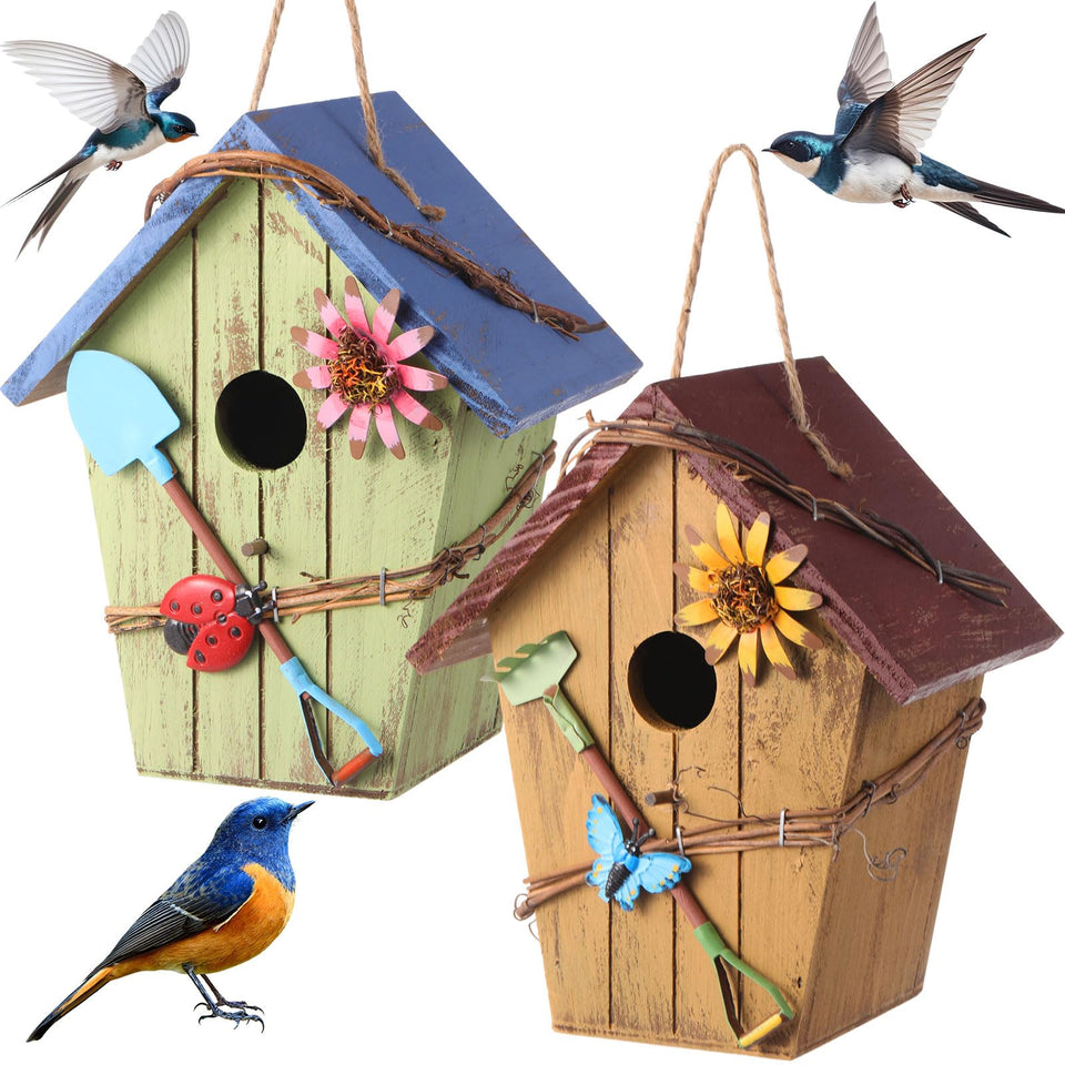 DoubleFill outdoor hanging birdhouse attracts bluebirds in the garden.