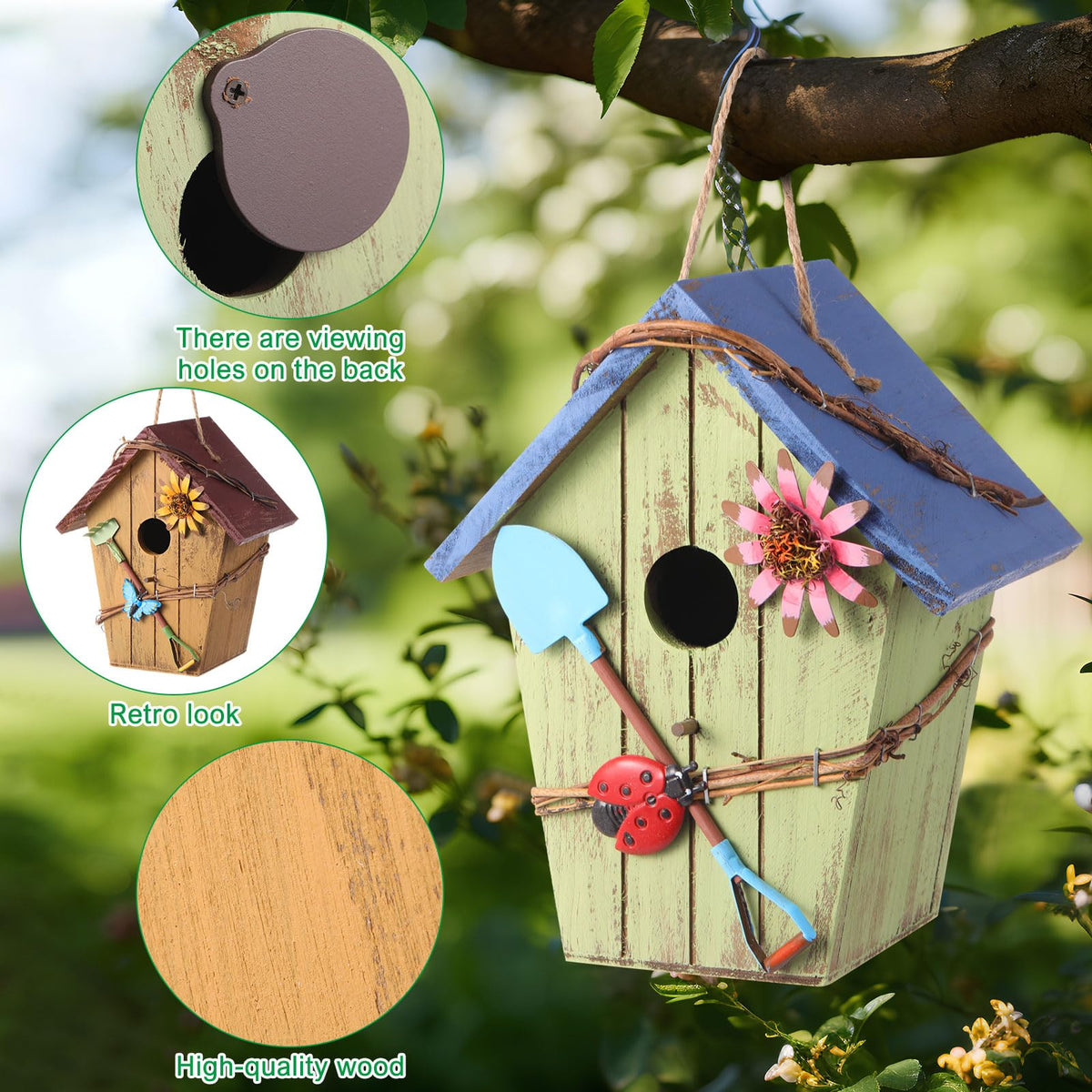DoubleFill wooden-roof birdhouse provides sturdy weather-resistant shelter.