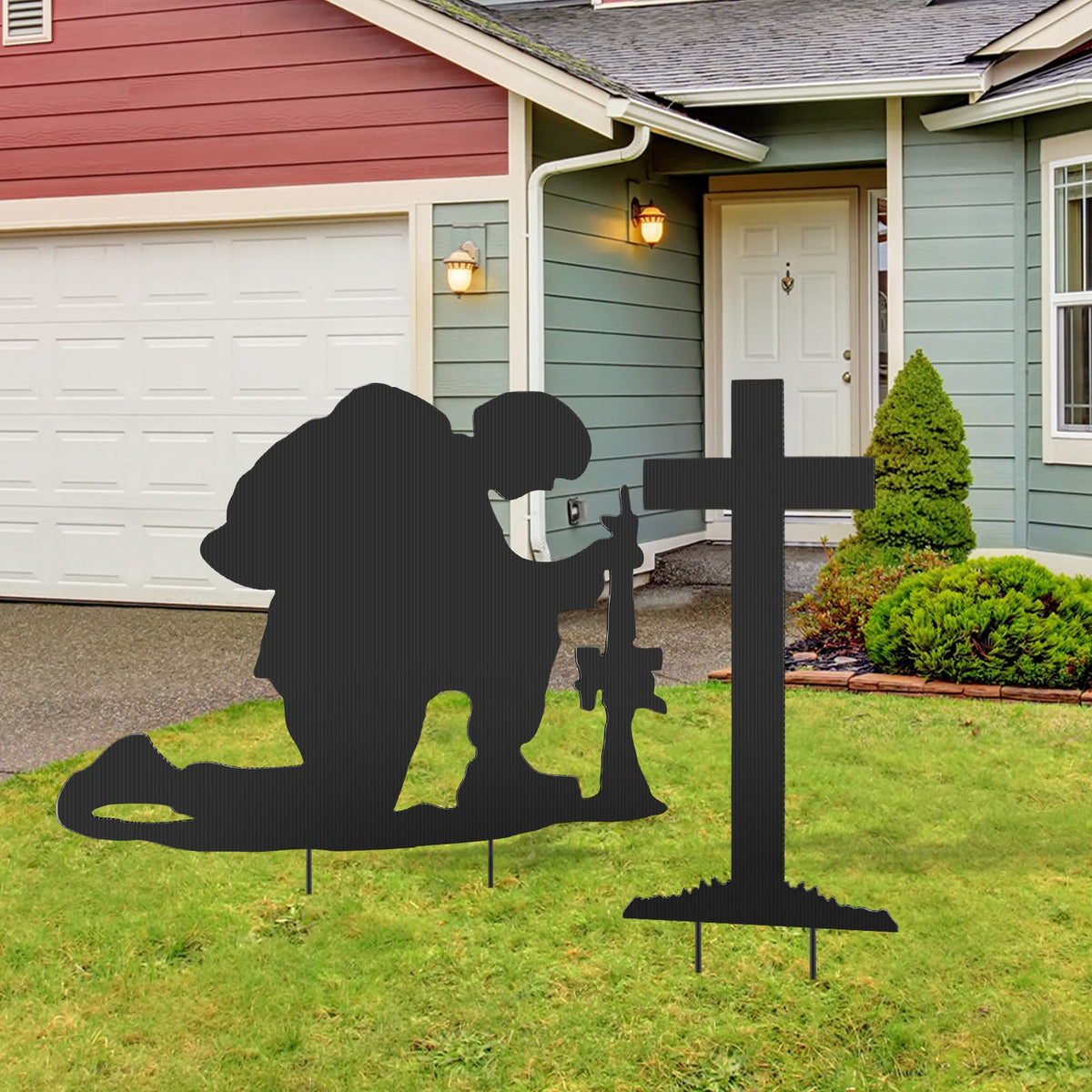 DoubleFill memorial soldier sign enhances solemn tribute visible across the lawn