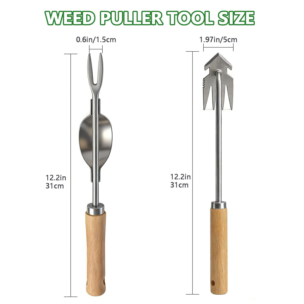 Doubleggs uprooting weeder tool provides precise surface weeding along cracks.
