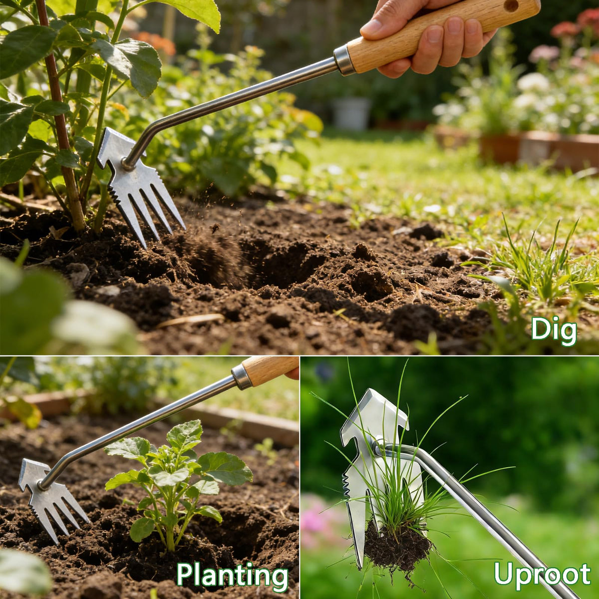 Doubleggs weed puller in action helps remove weeds by roots.