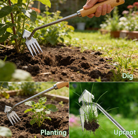 Doubleggs weed puller in action helps remove weeds by roots.