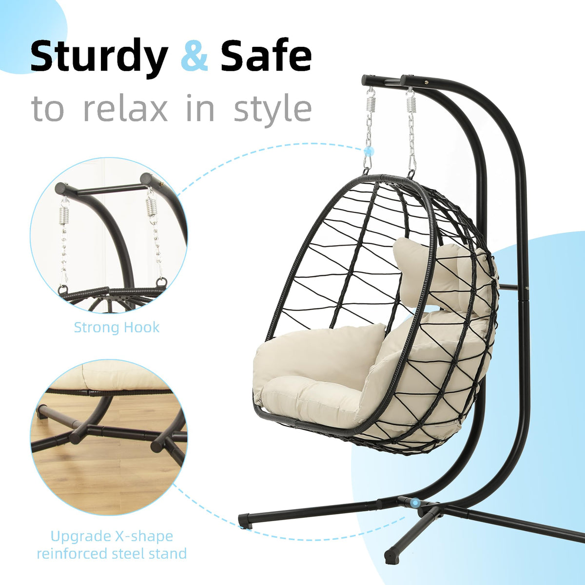 DoubleTT egg chair cushion-closeup, UV-resistant fabric and plush support.