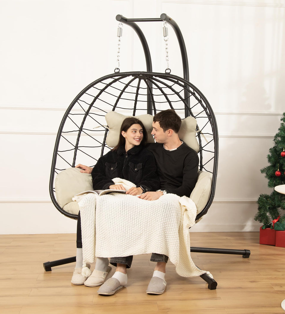 DoubleTT double egg chair with stand, stand-assembly view, ideal for relaxed outdoor lounging.