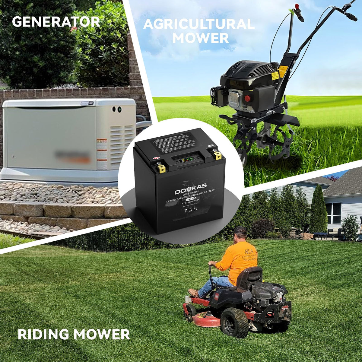 Doukas DKLU1 charge indicator shows ready-to-use status for mowing readiness.