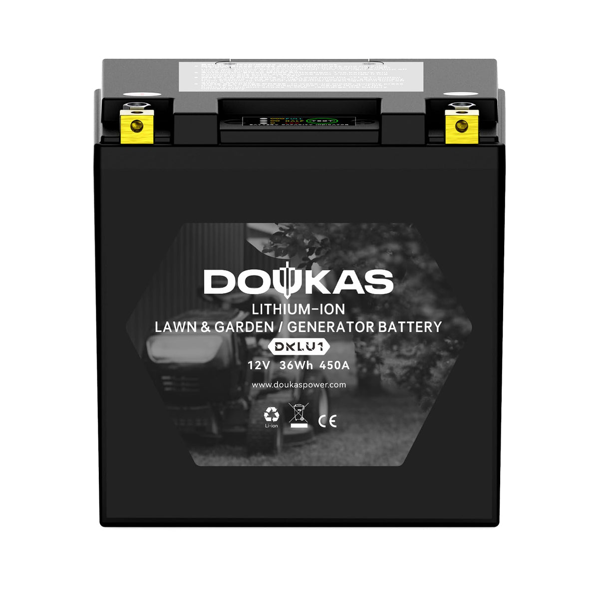 Doukas DKLU1 exterior battery with rugged outdoor design for reliable lawn use.