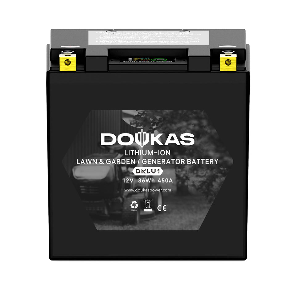 Doukas DKLU1 exterior battery with rugged outdoor design for reliable lawn use.