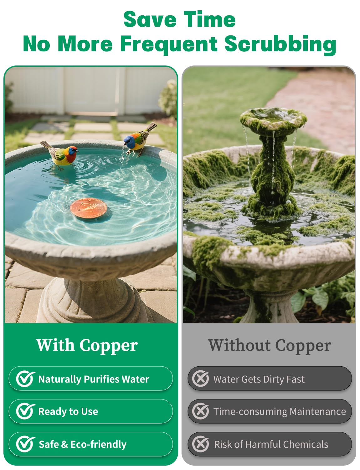DOUMIYI copper disk purifies water naturally, reducing slime in outdoor birdbaths.