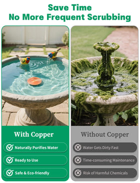 DOUMIYI copper disk purifies water naturally, reducing slime in outdoor birdbaths.