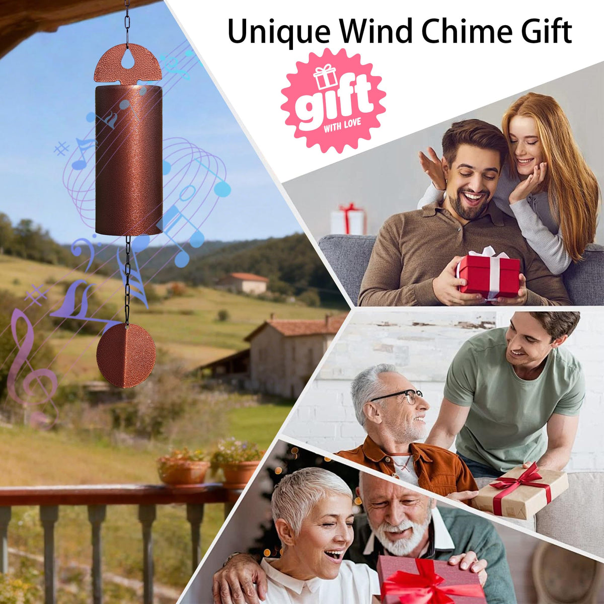 DOVENBROOK wind chime on a patio deck, delivering deep resonance.