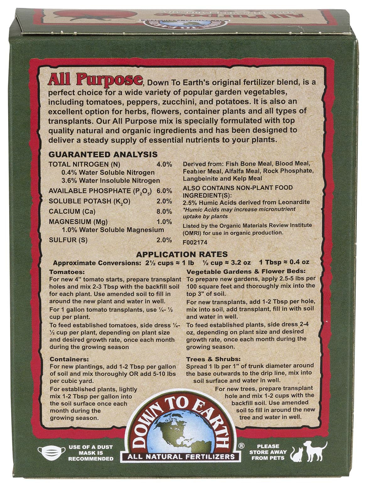 Down To Earth 4-6-2 nutrient label highlights balanced formula for vegetables.