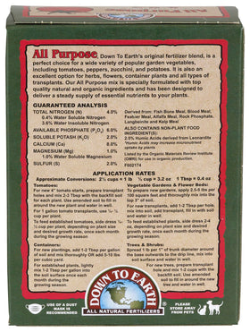Down To Earth 4-6-2 nutrient label highlights balanced formula for vegetables.