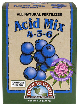 Down To Earth Acid Mix bottle shown for precise slow-release feeding of acid-loving plants