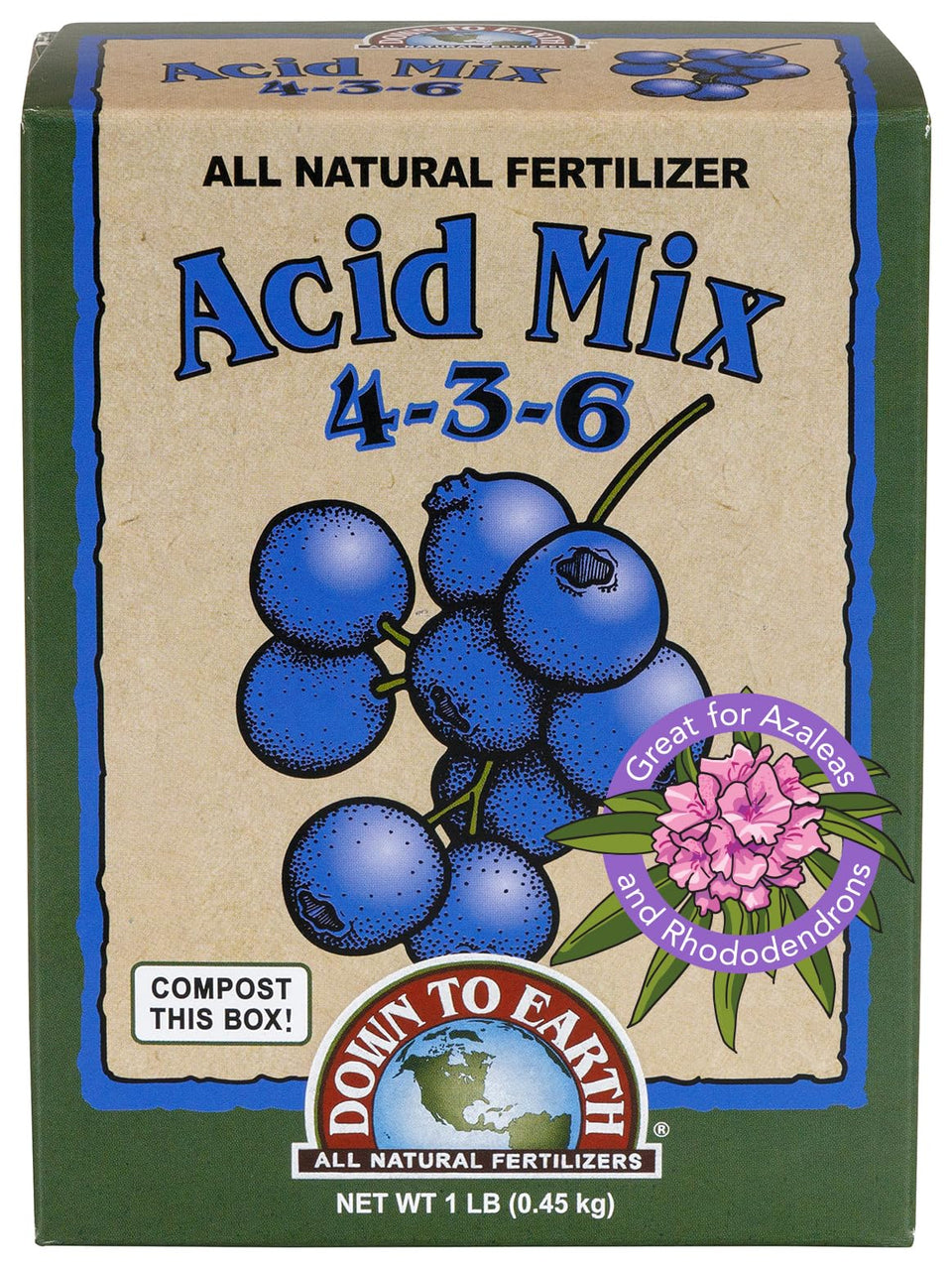 Down To Earth Acid Mix bottle shown for precise slow-release feeding of acid-loving plants