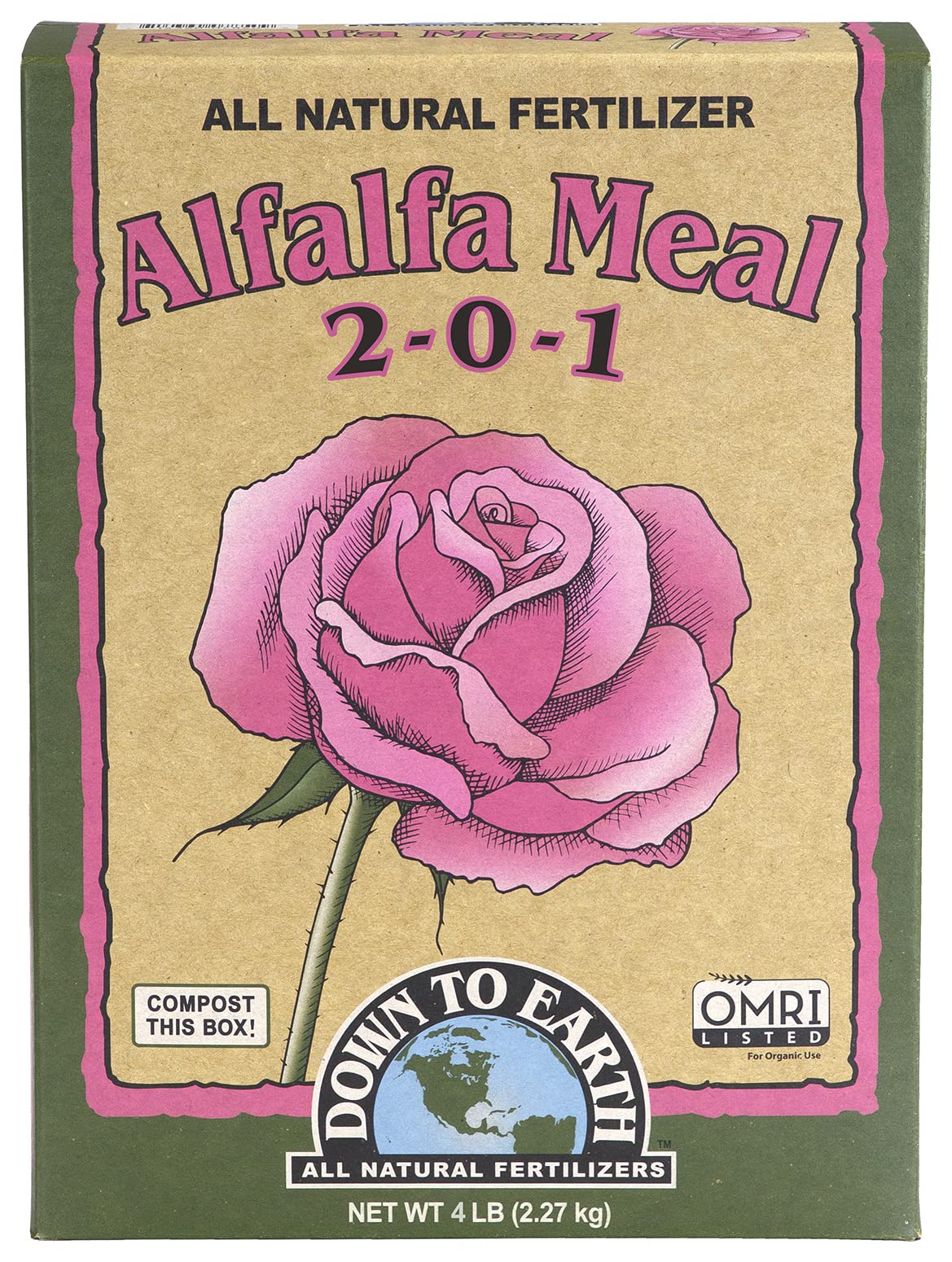 Down To Earth Alfalfa Meal bag shows OMRI-listed natural fertilizer for organic flowering plants.