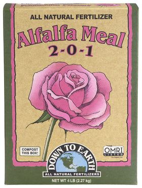 Down To Earth Alfalfa Meal bag shows OMRI-listed natural fertilizer for organic flowering plants.
