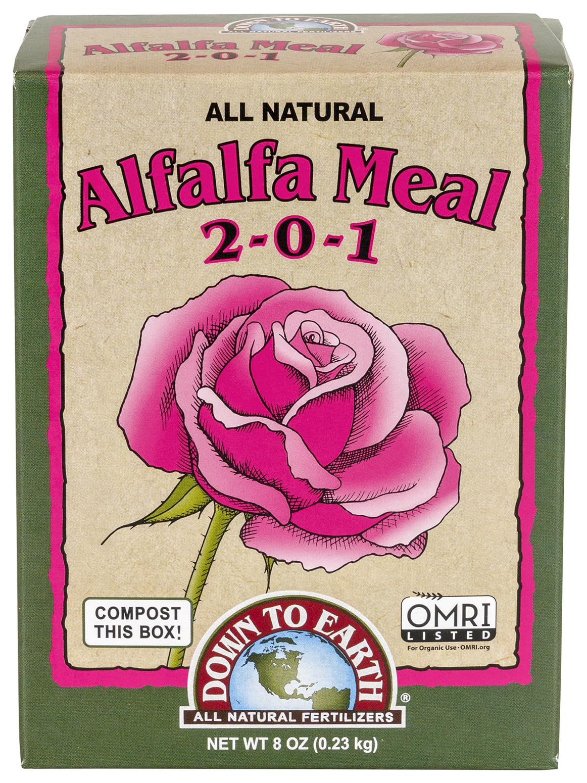 Down To Earth Alfalfa Meal bottle label shows organic nutrients for healthy growth.