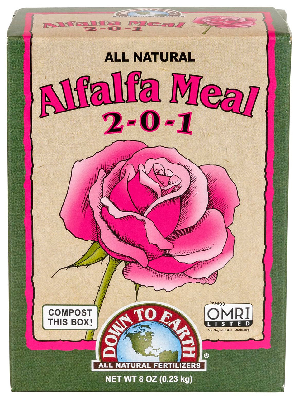 Down To Earth Alfalfa Meal bottle label shows organic nutrients for healthy growth.
