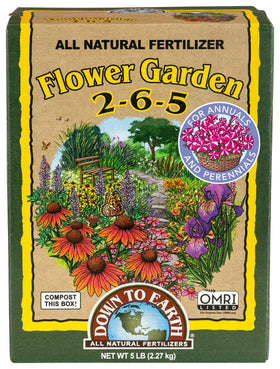 Down To Earth All Natural Fertilizers bottle pours for balanced blooms and easy application.