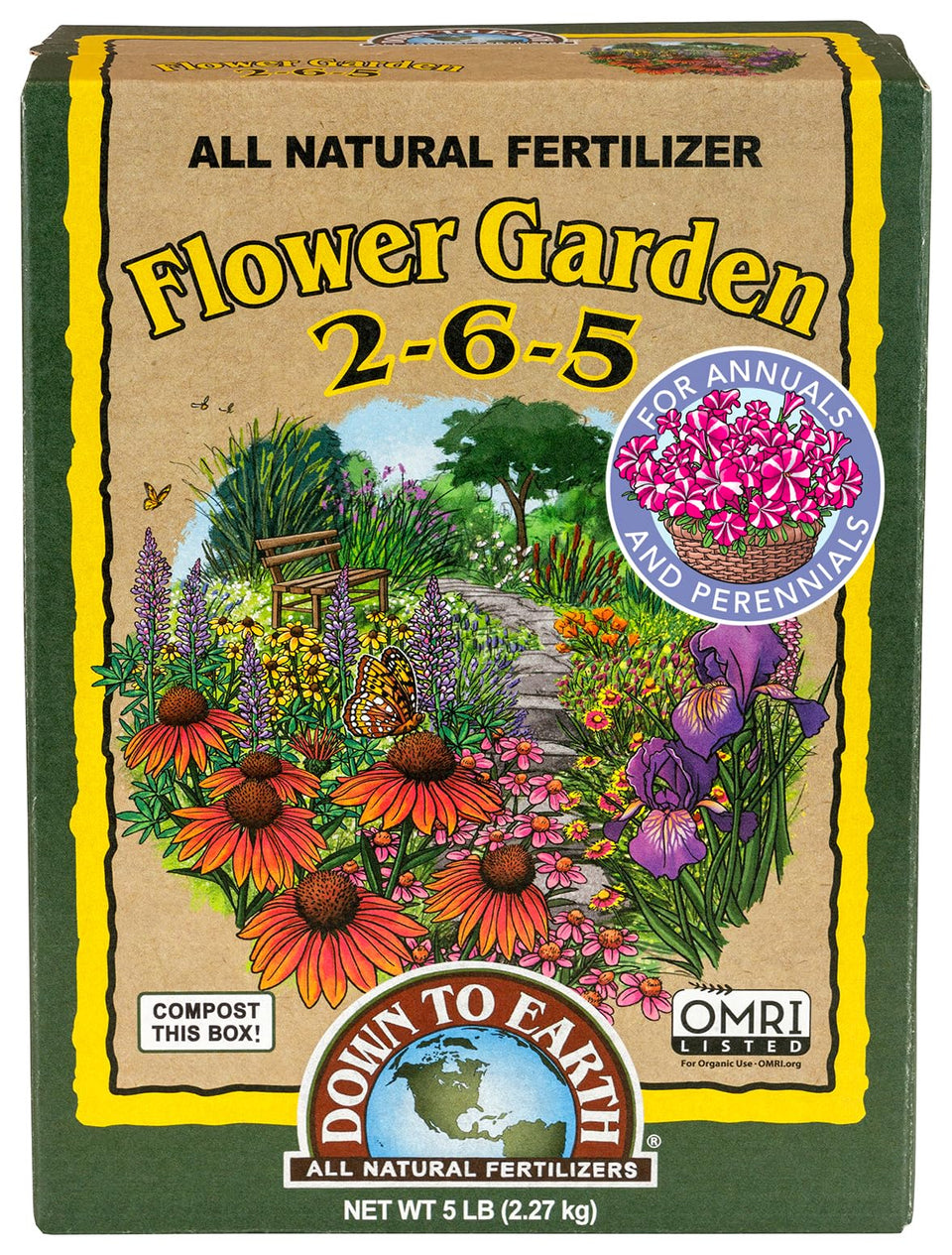 Down To Earth All Natural Fertilizers bottle pours for balanced blooms and easy application.