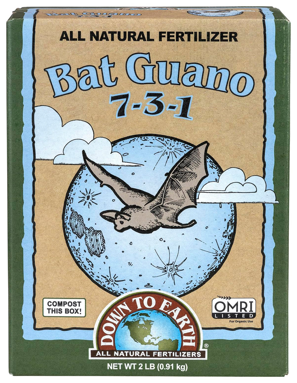 Down To Earth Bat Guano 7-3-1 bag view, OMRI-listed organic fertilizer for gardens.