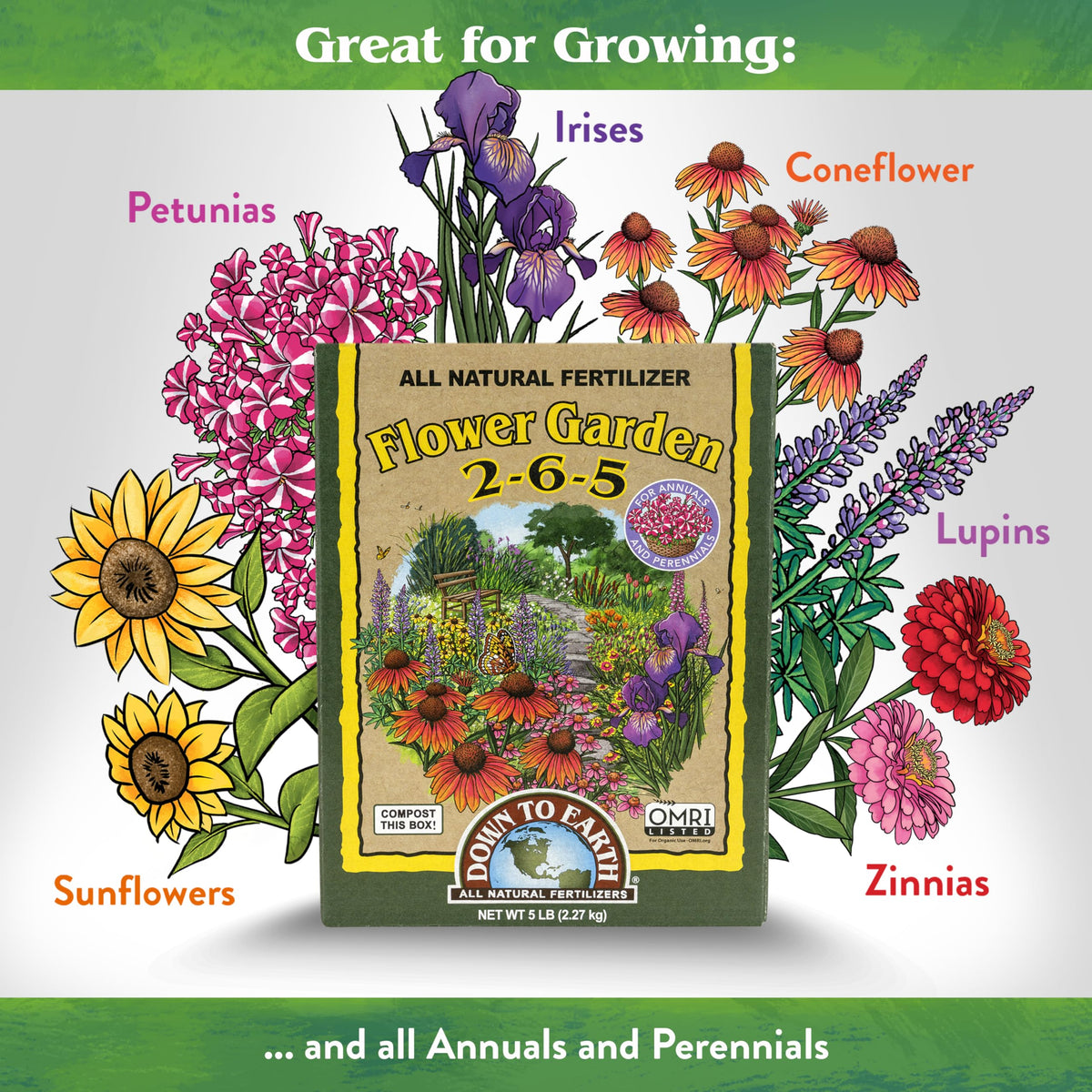 Down To Earth All Natural Fertilizers 5-lb box ready-to-use for garden-ready growth.