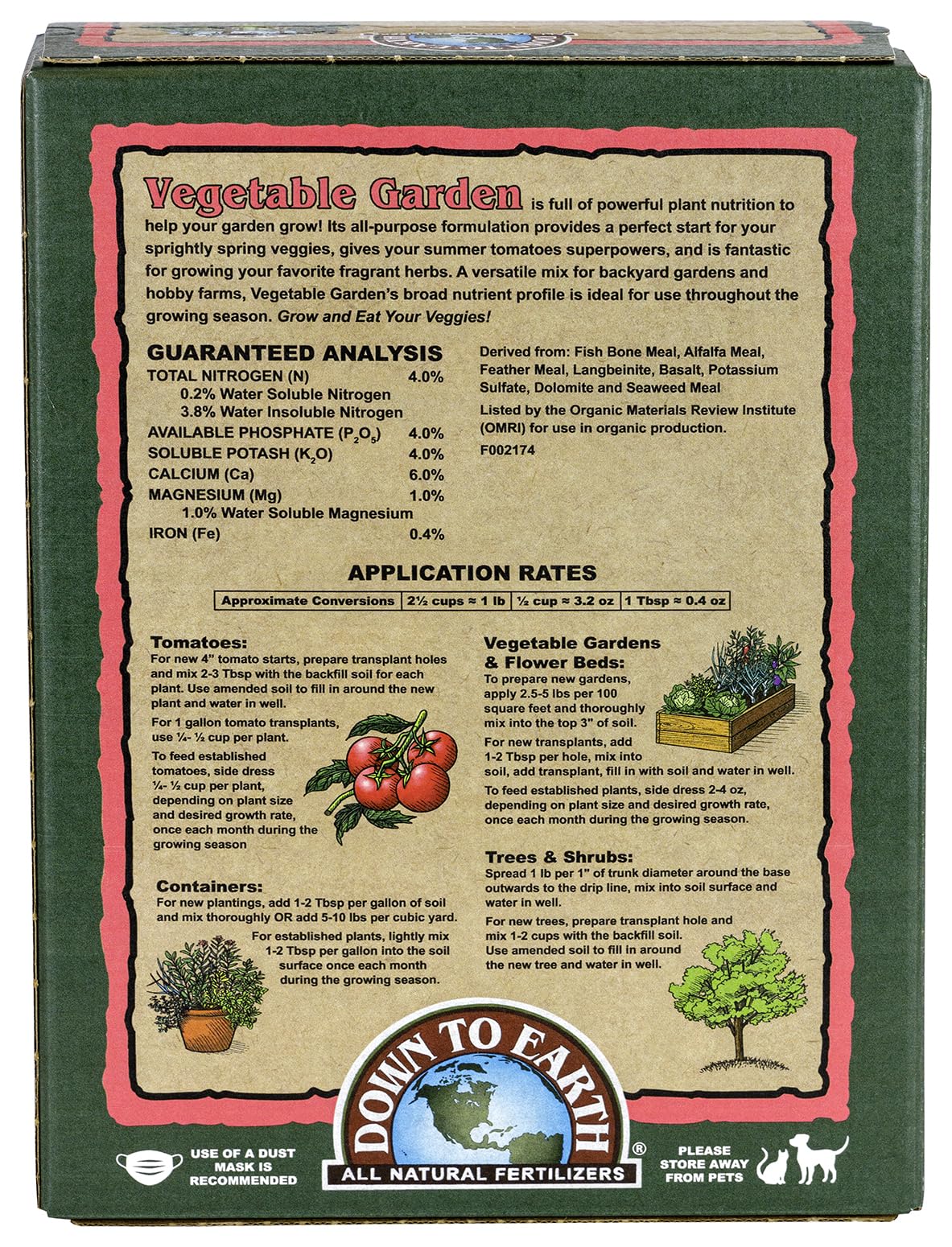 Down To Earth label close-up showing 4-4-4 balance for vegetables