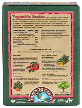 Down To Earth label close-up showing 4-4-4 balance for vegetables